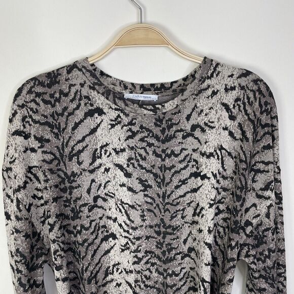 Zara Tiger Animal Print Knit Long Sleeve Crewneck Belted Midi Dress Medium - Picture 6 of 10